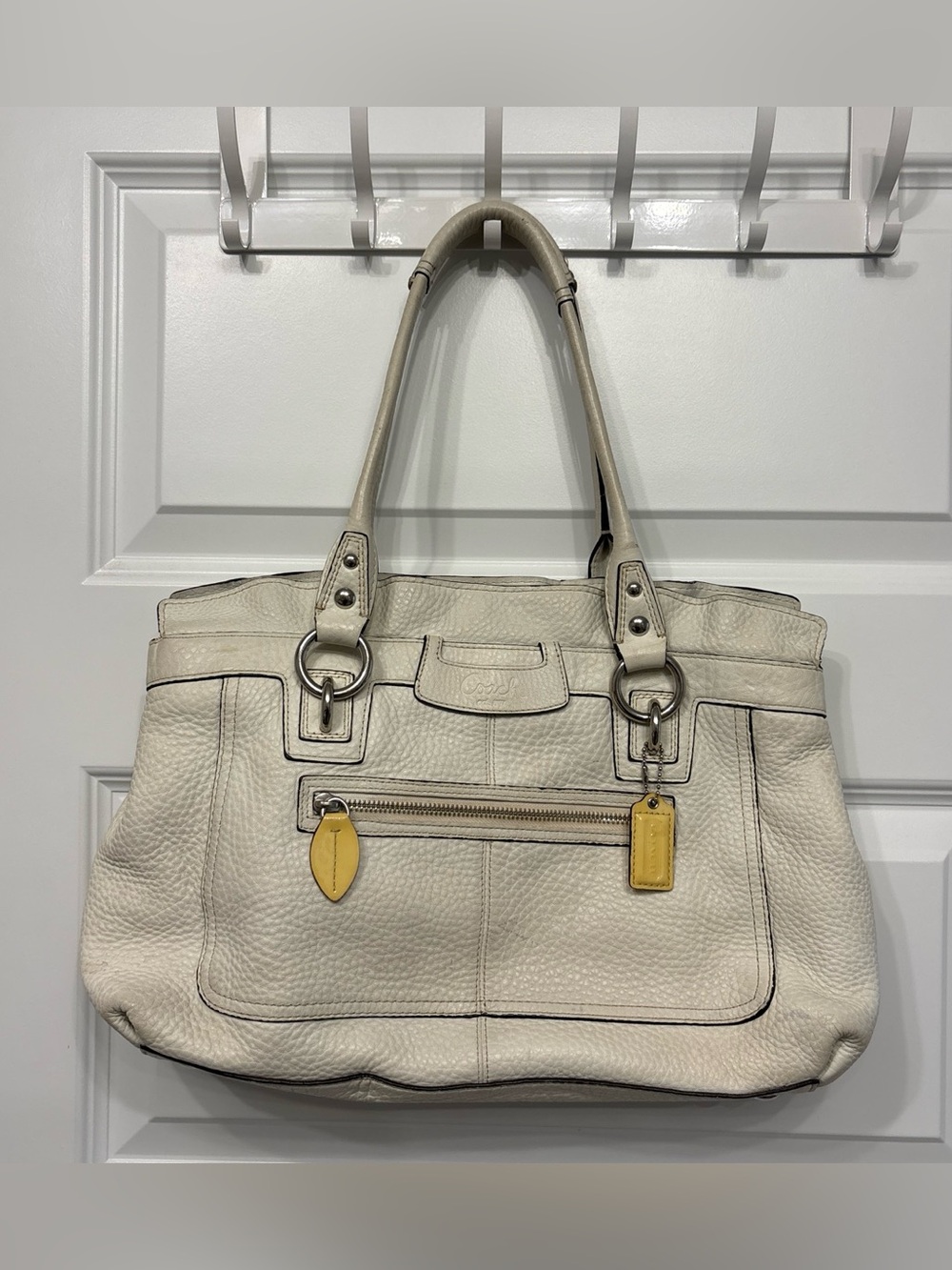 Coach Cream Pebbled Leather Shoulder Tote with Yellow Accents